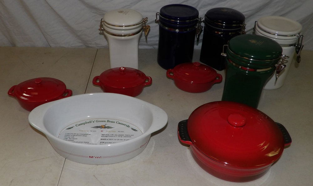 Lot of Porcelain Cannisters & Covered Casseroles: Lot of Porcelain Cannisters & Covered Casseroles . "ALL DESCRIPTIONS AND ANY CONDITION STATEMENT GIVEN BY LANGSTON AUCTION GALLERY ARE STRICTLY OPINIONS AND LANGSTON'S SHALL HAVE NO RESPONSIBILITY FOR