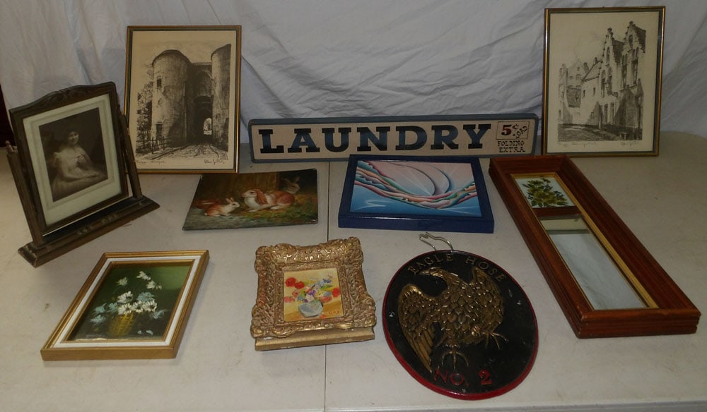 Lot of Framed Prints, Mirror, Painted Sign, & Other Items (1 of 5)