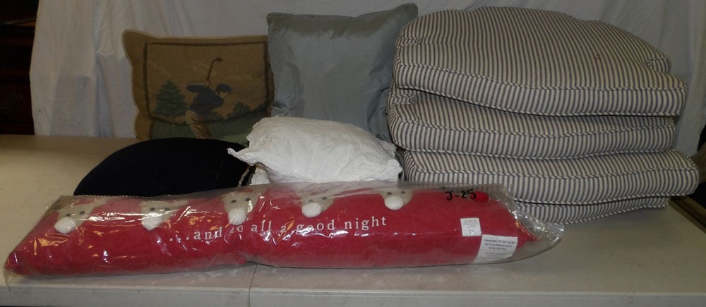 Lot of Chair Cushions & Pillows: Lot of Chair Cushions & Pillows. "ALL DESCRIPTIONS AND ANY CONDITION STATEMENT GIVEN BY LANGSTON AUCTION GALLERY ARE STRICTLY OPINIONS AND LANGSTON'S SHALL HAVE NO RESPONSIBILITY FOR ERRORS OR OMISSIO