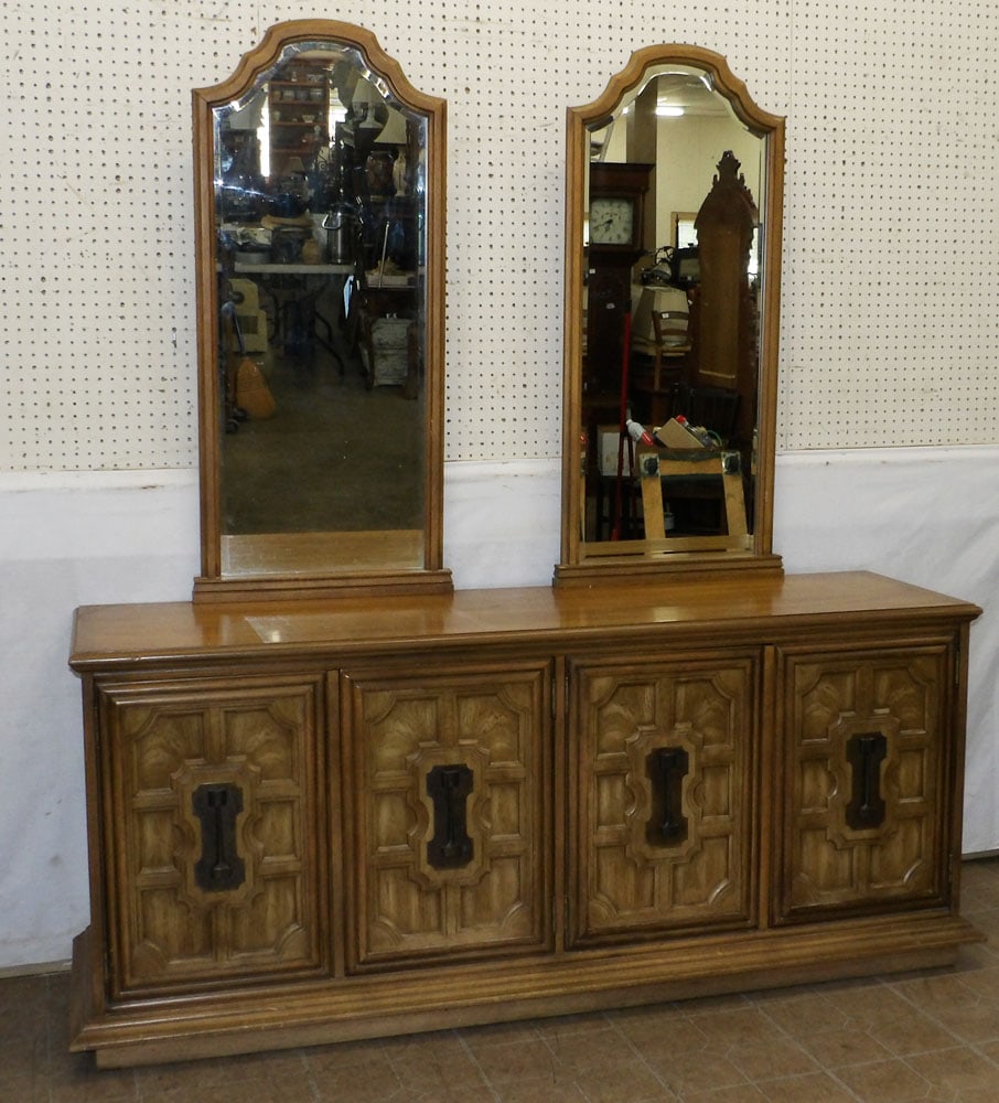 Walnut Credenza with Mirror: Walnut Credenza with Mirror. 72" W 20" D 79" H "ALL DESCRIPTIONS AND ANY CONDITION STATEMENT GIVEN BY LANGSTON AUCTION GALLERY ARE STRICTLY OPINIONS AND LANGSTON'S SHALL HAVE NO RESPONSIBILITY FOR ERR