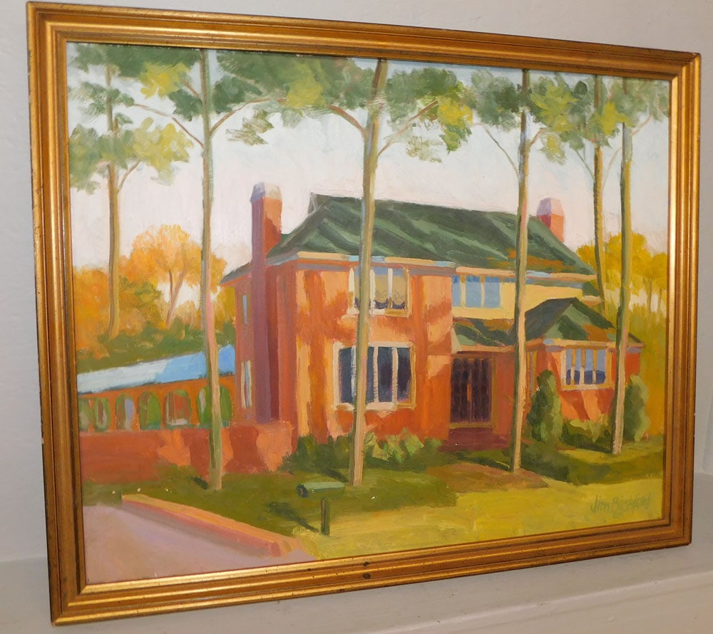Framed Oil on Board of Colonial Home Artist Signed (1 of 4)