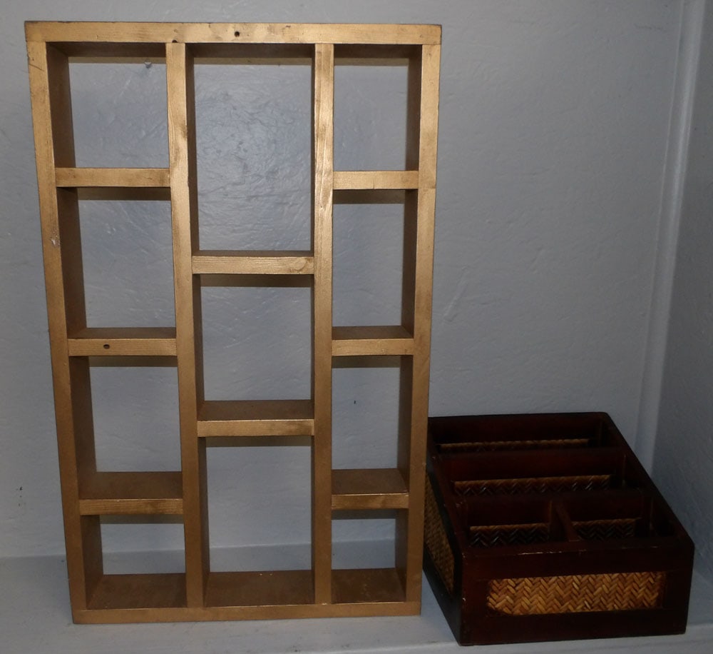 Painted Pine Hanging Wall Shelf & Rattan Letter Holder (1 of 3)