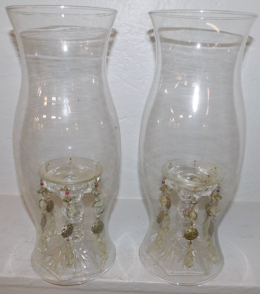Pair of Glass Candlesticks with Hurricane Shades: Pair of Glass Candlesticks with Hurricane Shades . 14" H "ALL DESCRIPTIONS AND ANY CONDITION STATEMENT GIVEN BY LANGSTON AUCTION GALLERY ARE STRICTLY OPINIONS AND LANGSTON'S SHALL HAVE NO RESPONSIBILI