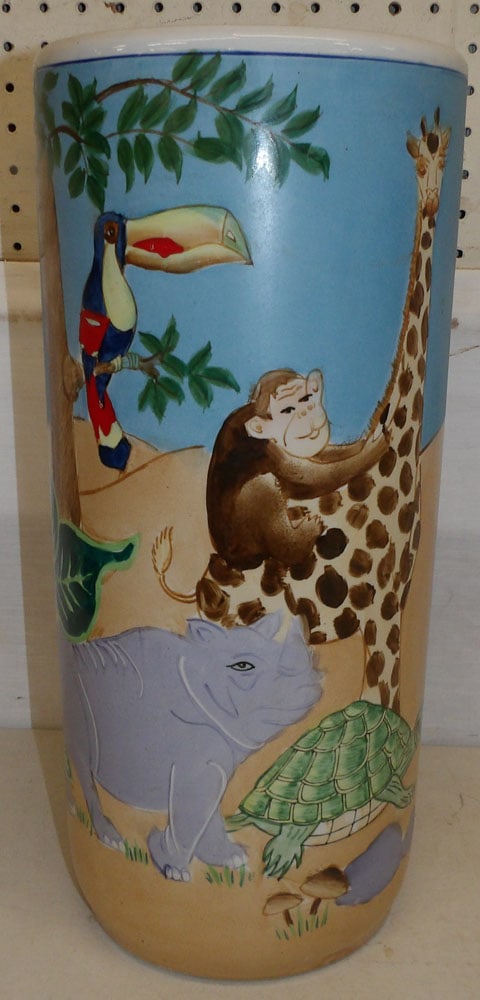 Painted Porcelain Umbrella Stand: Painted Porcelain Umbrella Stand . 18" H "ALL DESCRIPTIONS AND ANY CONDITION STATEMENT GIVEN BY LANGSTON AUCTION GALLERY ARE STRICTLY OPINIONS AND LANGSTON'S SHALL HAVE NO RESPONSIBILITY FOR ERRORS OR