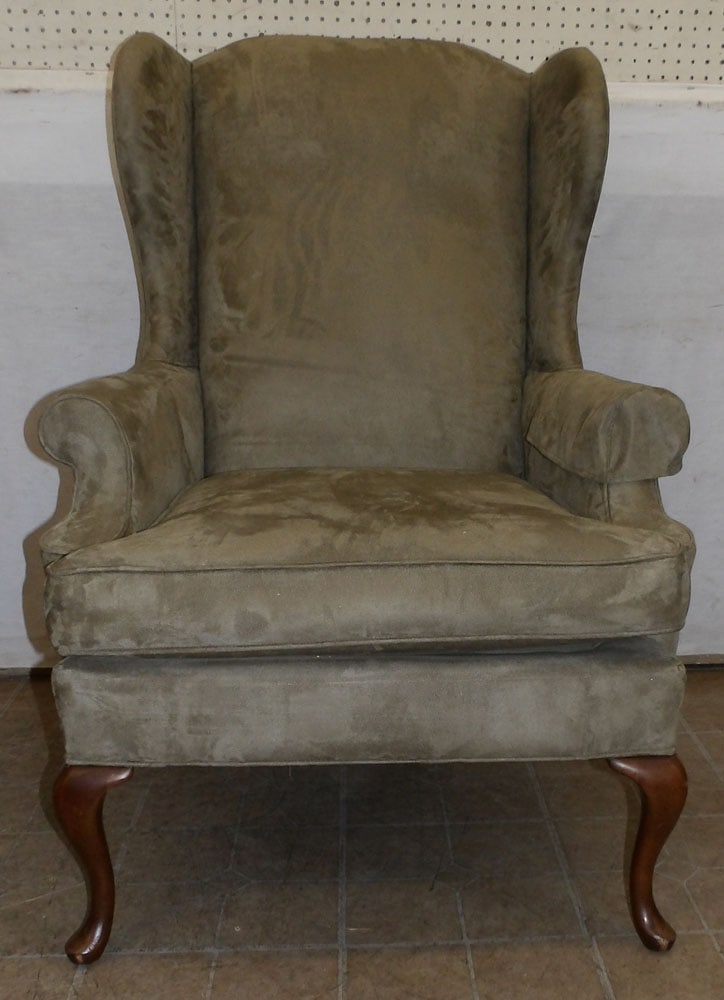 Suede Upholstered Wing Back Chair: Suede Upholstered Wing Back Chair . 44 1/2" H "ALL DESCRIPTIONS AND ANY CONDITION STATEMENT GIVEN BY LANGSTON AUCTION GALLERY ARE STRICTLY OPINIONS AND LANGSTON'S SHALL HAVE NO RESPONSIBILITY FOR ERRO