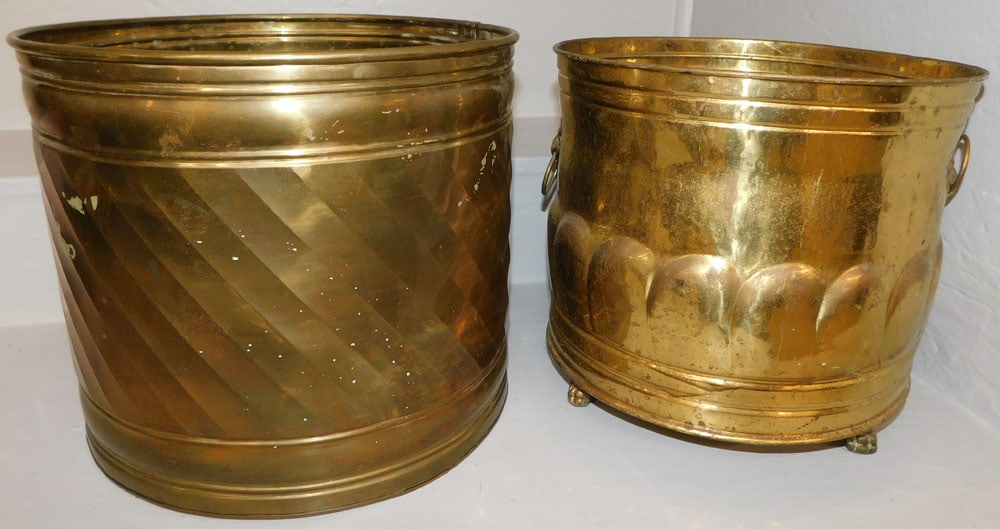 Two Brass Jardinieres: Two Brass Jardinieres. Up to 13 1/2" Dia. 12" H "ALL DESCRIPTIONS AND ANY CONDITION STATEMENT GIVEN BY LANGSTON AUCTION GALLERY ARE STRICTLY OPINIONS AND LANGSTON'S SHALL HAVE NO RESPONSIBILITY FOR ER