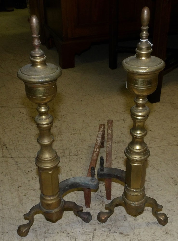 Pair of Cast Brass Andirons: Pair of Cast Brass Andirons . 21" H "ALL DESCRIPTIONS AND ANY CONDITION STATEMENT GIVEN BY LANGSTON AUCTION GALLERY ARE STRICTLY OPINIONS AND LANGSTON'S SHALL HAVE NO RESPONSIBILITY FOR ERRORS OR OMIS