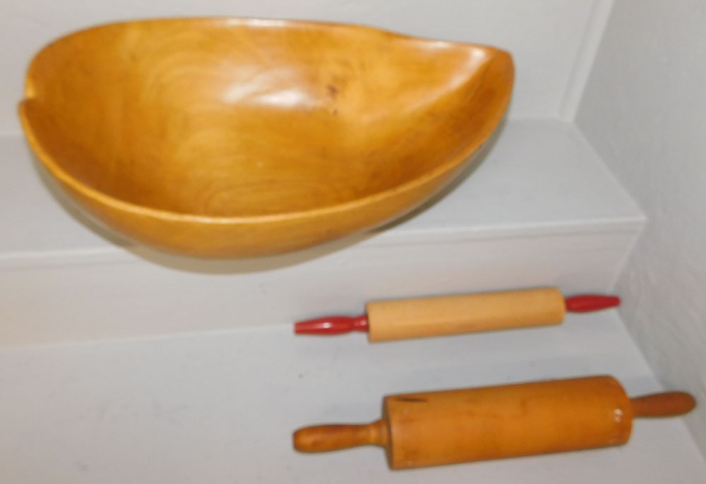 Carved Wood Dough Bowl & Two Rolling Pins (1 of 3)