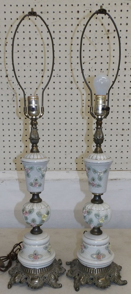 Pair of Porcelain & Gilded Metal Lamps: Pair of Porcelain & Gilded Metal Lamps . 30 3/4" H "ALL DESCRIPTIONS AND ANY CONDITION STATEMENT GIVEN BY LANGSTON AUCTION GALLERY ARE STRICTLY OPINIONS AND LANGSTON'S SHALL HAVE NO RESPONSIBILITY FOR