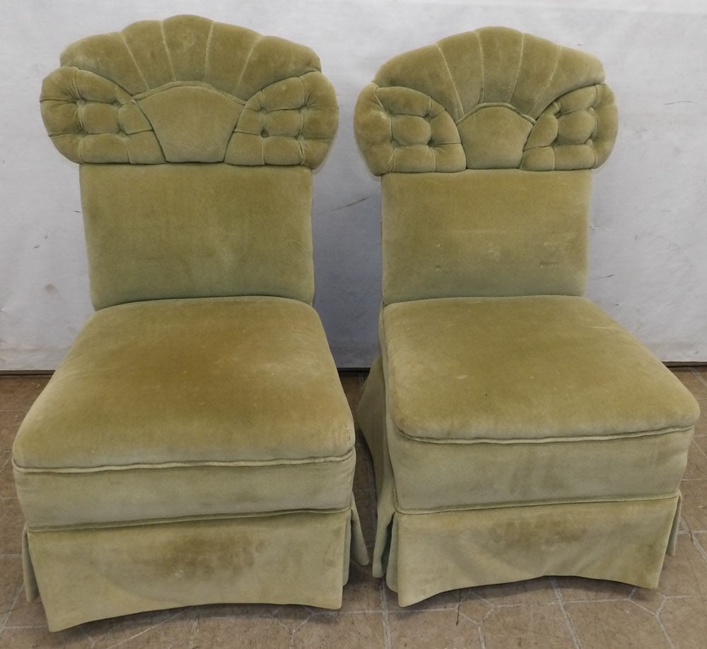Pair of Upholstered Slipper Chairs: Pair of Upholstered Slipper Chairs . 32 1/2" H "ALL DESCRIPTIONS AND ANY CONDITION STATEMENT GIVEN BY LANGSTON AUCTION GALLERY ARE STRICTLY OPINIONS AND LANGSTON'S SHALL HAVE NO RESPONSIBILITY FOR ERR