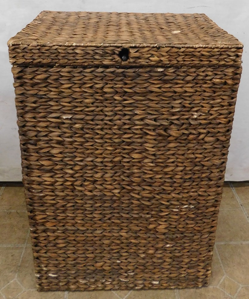 Metal & Rattan Hamper: Metal & Rattan Hamper. 19 1/2" W 14 1/2" D 28" H "ALL DESCRIPTIONS AND ANY CONDITION STATEMENT GIVEN BY LANGSTON AUCTION GALLERY ARE STRICTLY OPINIONS AND LANGSTON'S SHALL HAVE NO RESPONSIBILITY FOR E
