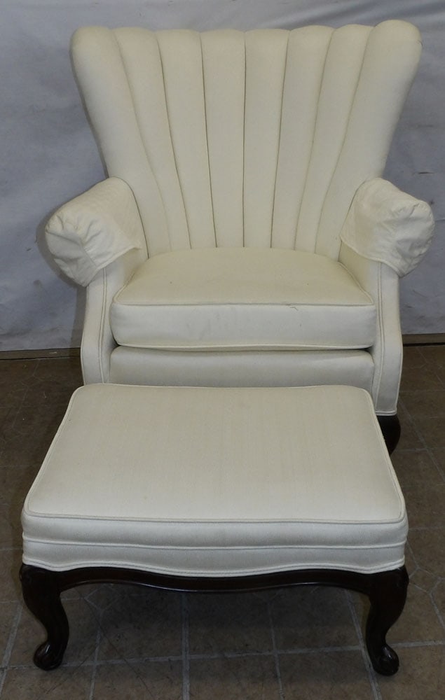 Upholstered Arm Chair & Ottoman: Upholstered Arm Chair & Ottoman. 38" H "ALL DESCRIPTIONS AND ANY CONDITION STATEMENT GIVEN BY LANGSTON AUCTION GALLERY ARE STRICTLY OPINIONS AND LANGSTON'S SHALL HAVE NO RESPONSIBILITY FOR ERRORS OR O