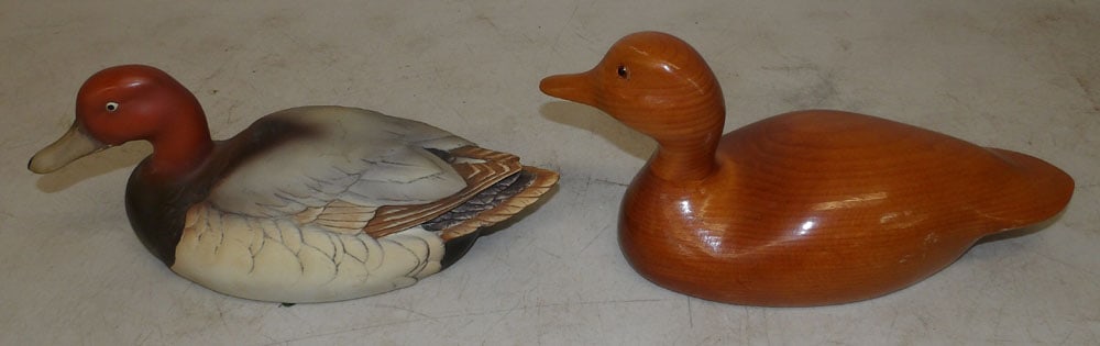 Painted Porcelain Duck Decoy & Pine Wood Duck Decoy: Painted Porcelain Duck Decoy & Pine Wood Duck Decoy. Up to 12" L "ALL DESCRIPTIONS AND ANY CONDITION STATEMENT GIVEN BY LANGSTON AUCTION GALLERY ARE STRICTLY OPINIONS AND LANGSTON'S SHALL HAVE NO RESP