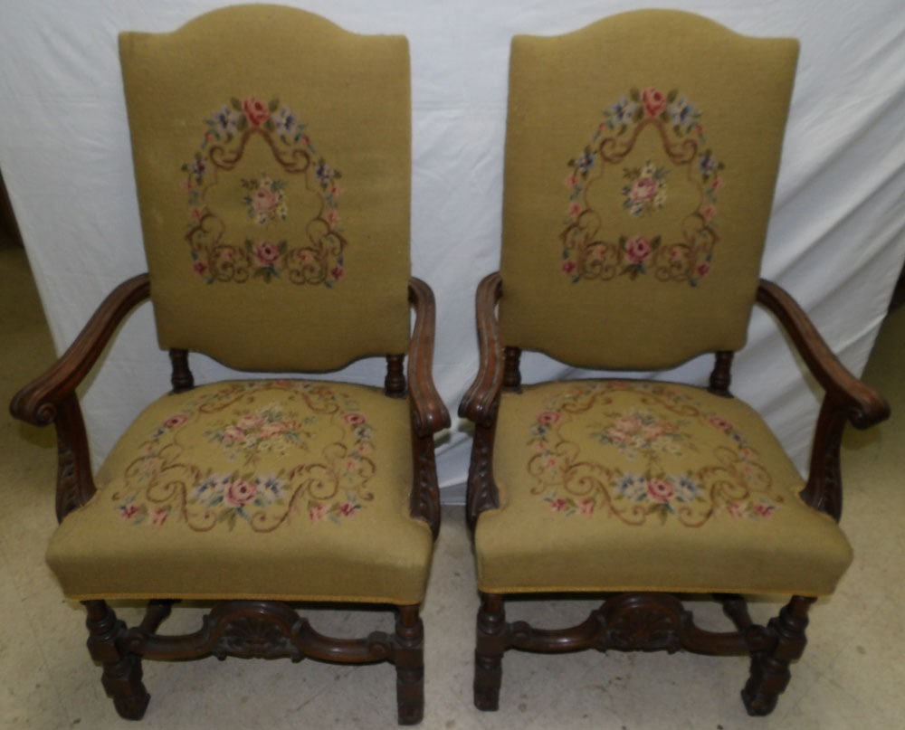 Pair of Carved Walnut Needlepoint Upholstered Arm Chairs (1 of 6)