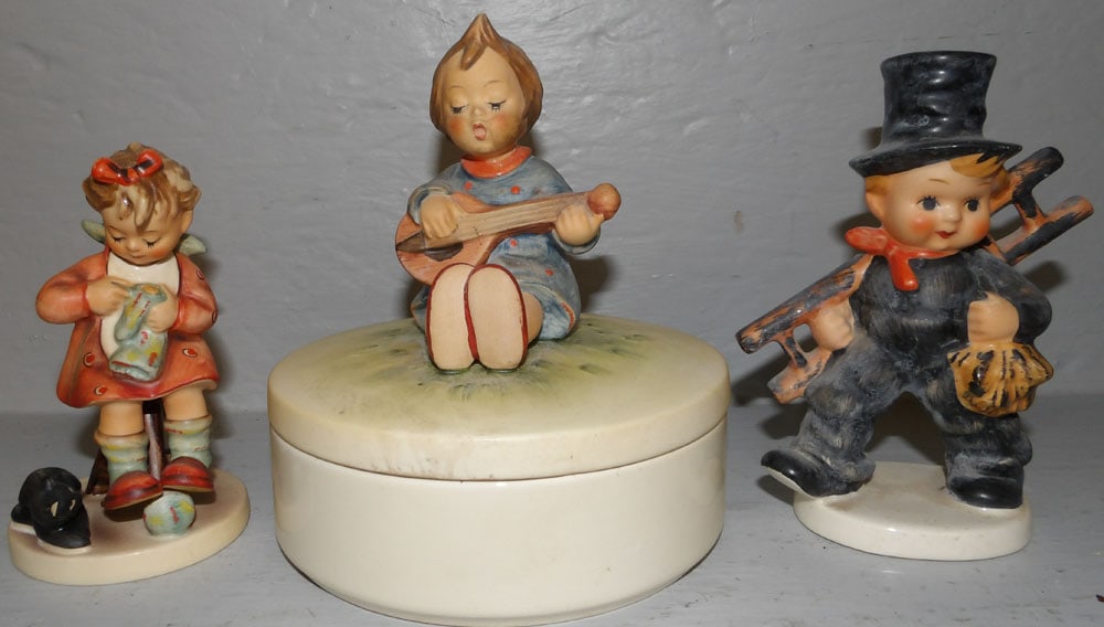 Two Hummel Figurines & Dresser Box: Two Hummel Figurines & Dresser Box. Up to 6" H "ALL DESCRIPTIONS AND ANY CONDITION STATEMENT GIVEN BY LANGSTON AUCTION GALLERY ARE STRICTLY OPINIONS AND LANGSTON'S SHALL HAVE NO RESPONSIBILITY FOR ERR