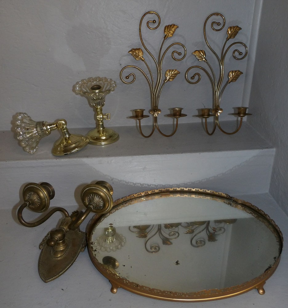 Pair of Metal & Brass Wall Sconces & Mirror Dresser Tray (1 of 4)