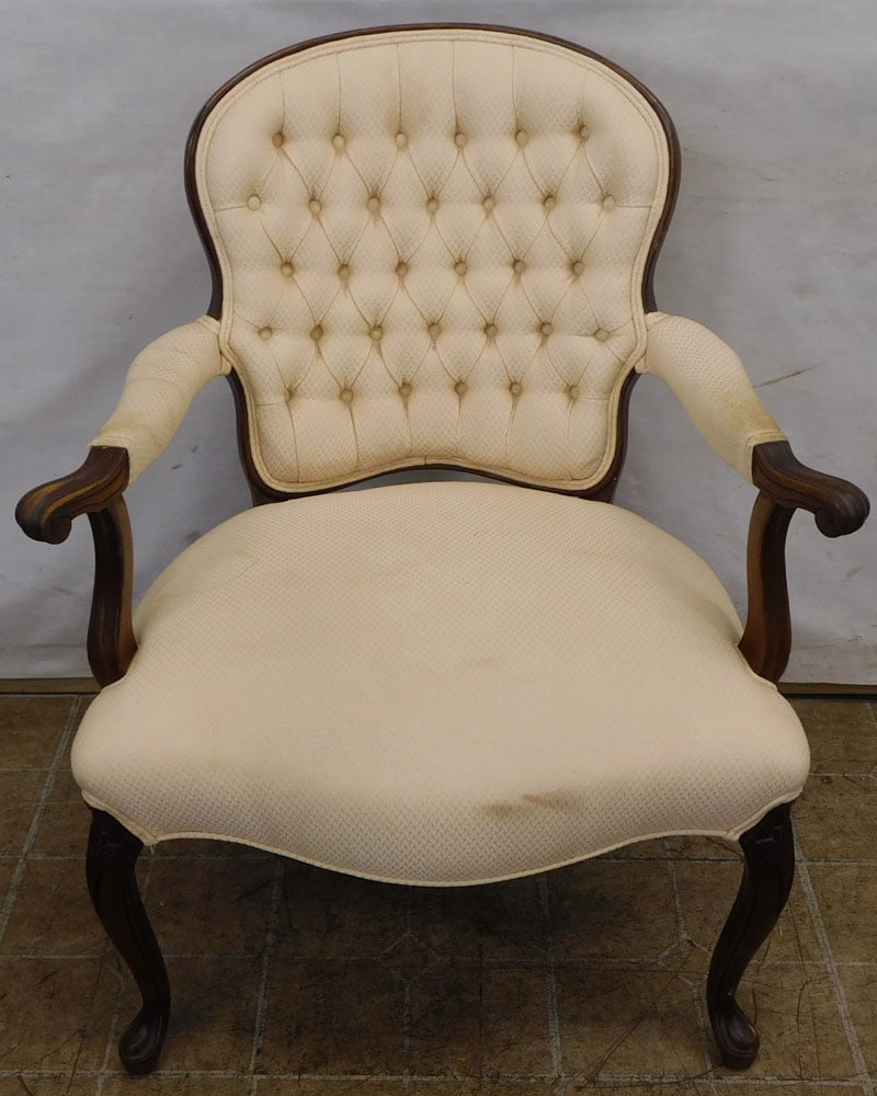 Walnut & Upholstered French Arm Chair: Walnut & Upholstered French Arm Chair . 35" H "ALL DESCRIPTIONS AND ANY CONDITION STATEMENT GIVEN BY LANGSTON AUCTION GALLERY ARE STRICTLY OPINIONS AND LANGSTON'S SHALL HAVE NO RESPONSIBILITY FOR ERRO