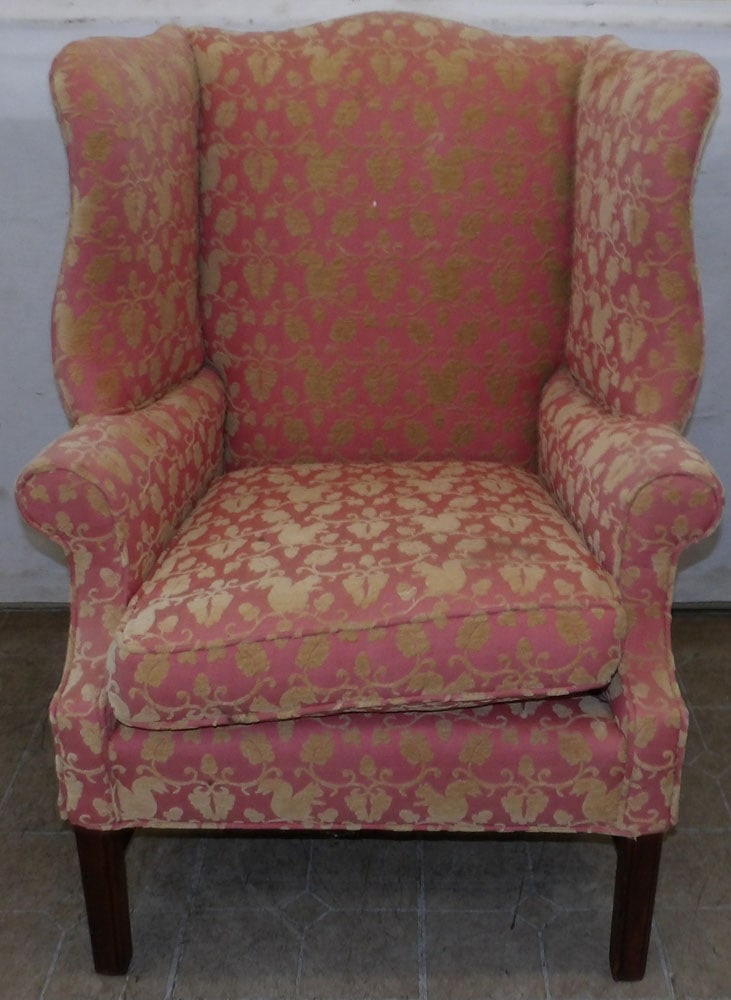 Upholstered Wing Back Chair: Upholstered Wing Back Chair . 42 1/2" H "ALL DESCRIPTIONS AND ANY CONDITION STATEMENT GIVEN BY LANGSTON AUCTION GALLERY ARE STRICTLY OPINIONS AND LANGSTON'S SHALL HAVE NO RESPONSIBILITY FOR ERRORS OR