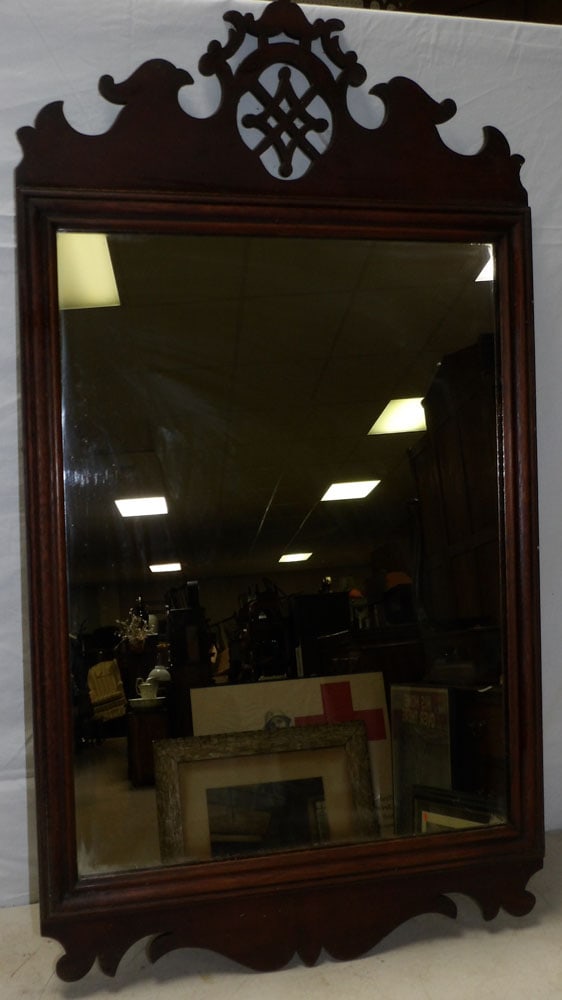 Mahogany Framed Mirror: Mahogany Framed Mirror. 20" x 36 1/2" "ALL DESCRIPTIONS AND ANY CONDITION STATEMENT GIVEN BY LANGSTON AUCTION GALLERY ARE STRICTLY OPINIONS AND LANGSTON'S SHALL HAVE NO RESPONSIBILITY FOR ERRORS OR OM