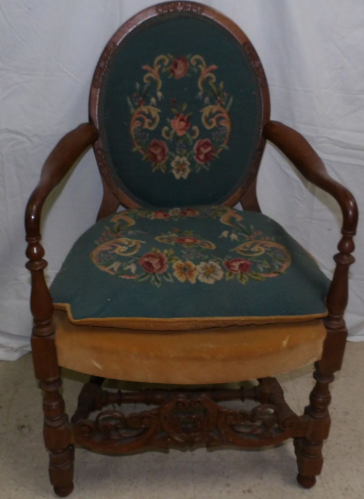 Mahogany & Needlepoint Upholstered Arm Chair: Mahogany & Needlepoint Upholstered Arm Chair . 39 1/4" H "ALL DESCRIPTIONS AND ANY CONDITION STATEMENT GIVEN BY LANGSTON AUCTION GALLERY ARE STRICTLY OPINIONS AND LANGSTON'S SHALL HAVE NO RESPONSIBILI