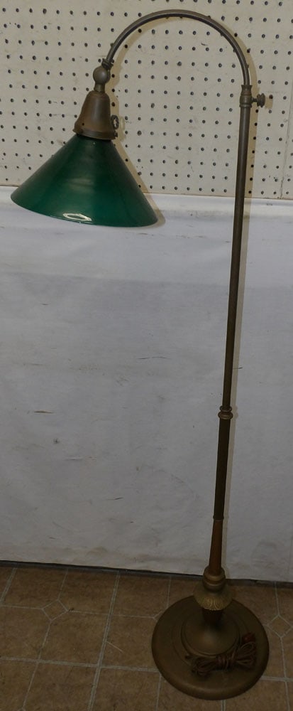 Antique Adjustable Brass & Emerald Glass Shade Floor Lamp (1 of 3)