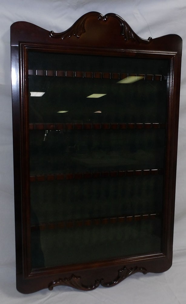 Mahogany Hanging Wall Spoon Showcase Cabinet by Bombay: Mahogany Hanging Wall Spoon Showcase Cabinet by Bombay . 17 3/4" x 29" "ALL DESCRIPTIONS AND ANY CONDITION STATEMENT GIVEN BY LANGSTON AUCTION GALLERY ARE STRICTLY OPINIONS AND LANGSTON'S SHALL HAVE N