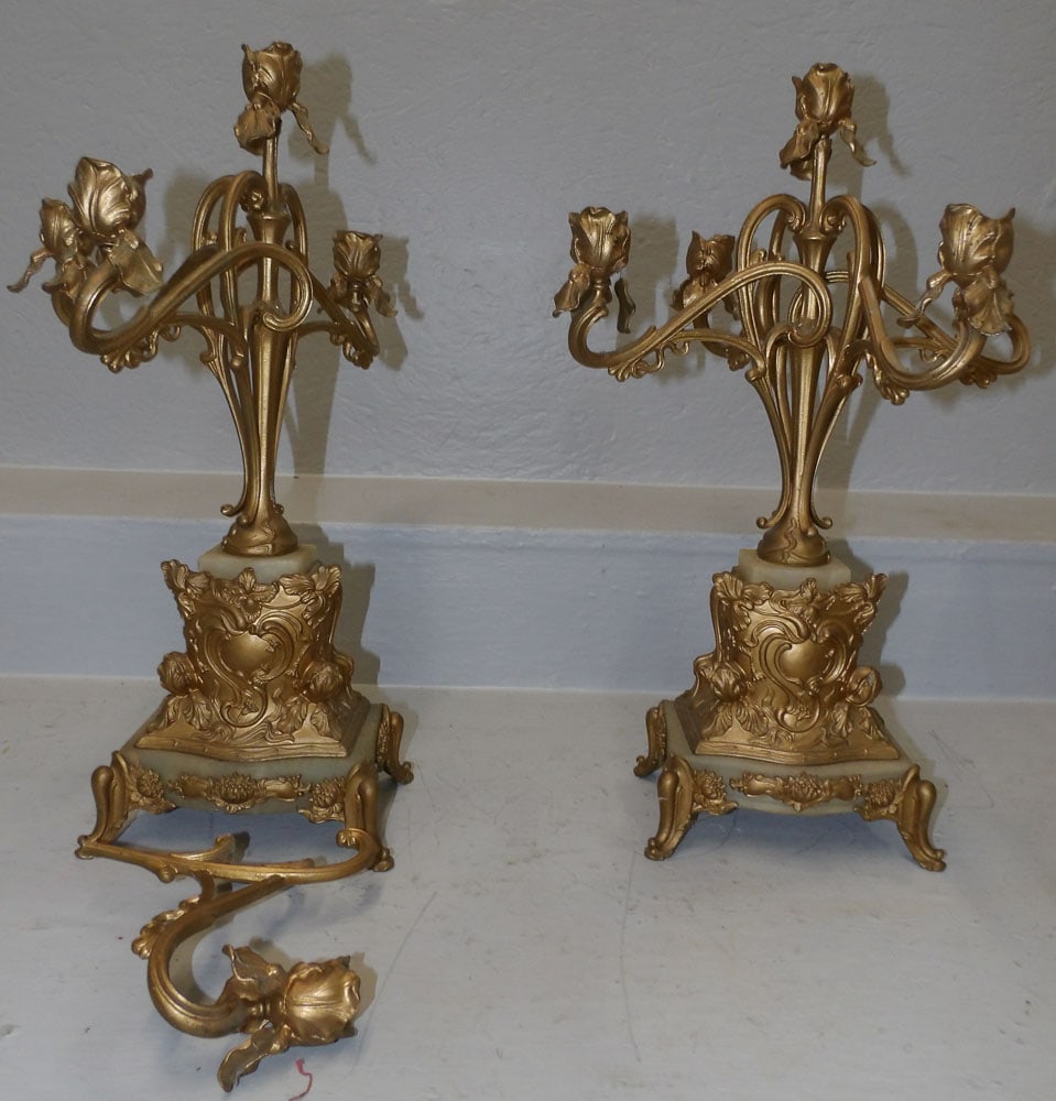 Pair of Gilded Metal & Marble Candelabras, (As Is) (1 of 4)