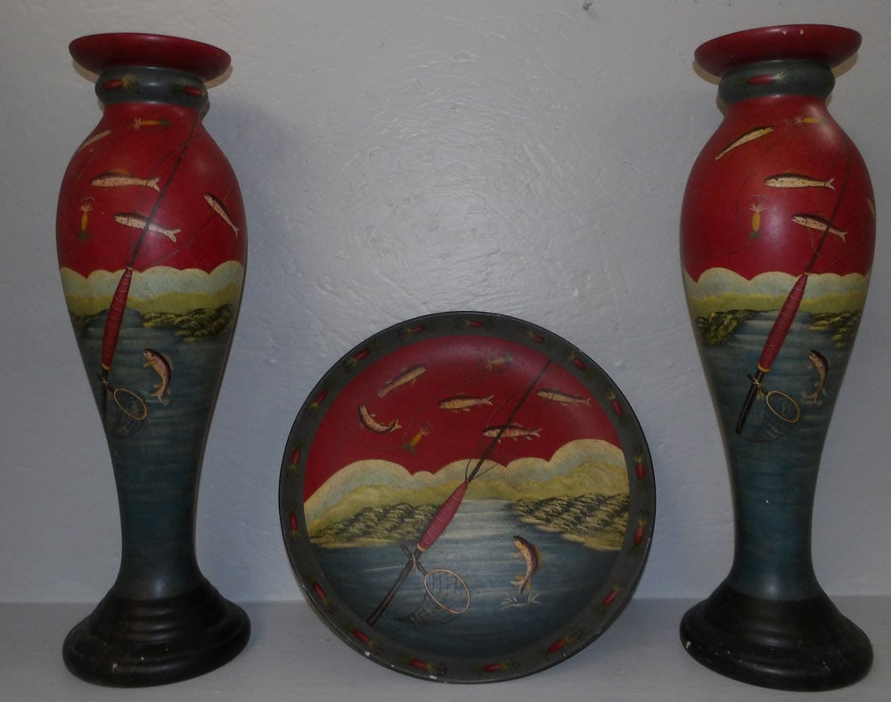 Three Piece Fish Decorated Console Set: Three Piece Fish Decorated Console Set. 22" H "ALL DESCRIPTIONS AND ANY CONDITION STATEMENT GIVEN BY LANGSTON AUCTION GALLERY ARE STRICTLY OPINIONS AND LANGSTON'S SHALL HAVE NO RESPONSIBILITY FOR ERRO