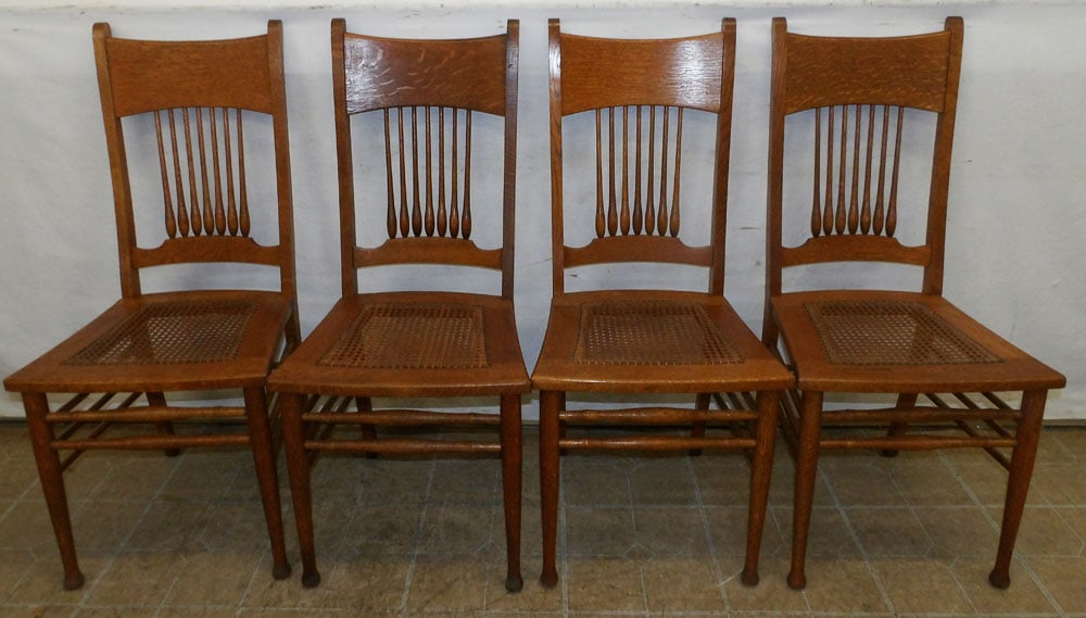 Set of Four Antique Oak Cane Seat Dining Chairs (1 of 3)