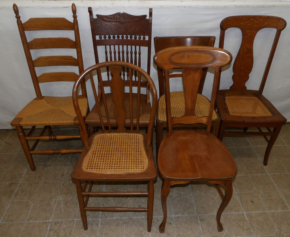 Lot of Six Antique Chairs: Lot of Six Antique Chairs . Up to 42" H "ALL DESCRIPTIONS AND ANY CONDITION STATEMENT GIVEN BY LANGSTON AUCTION GALLERY ARE STRICTLY OPINIONS AND LANGSTON'S SHALL HAVE NO RESPONSIBILITY FOR ERRORS OR 