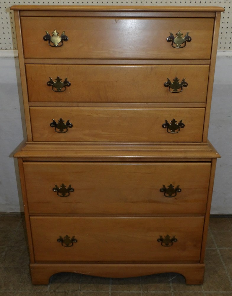 Maple Five Drawer Chest: Maple Five Drawer Chest . 34" W 20" D 50 3/4" H "ALL DESCRIPTIONS AND ANY CONDITION STATEMENT GIVEN BY LANGSTON AUCTION GALLERY ARE STRICTLY OPINIONS AND LANGSTON'S SHALL HAVE NO RESPONSIBILITY FOR ER