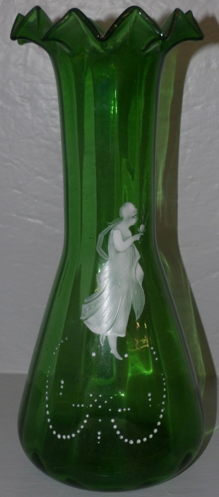 Mary Gregory Green Enamel Glass Vase: Mary Gregory Green Enamel Glass Vase. 12 1/4" H "ALL DESCRIPTIONS AND ANY CONDITION STATEMENT GIVEN BY LANGSTON AUCTION GALLERY ARE STRICTLY OPINIONS AND LANGSTON'S SHALL HAVE NO RESPONSIBILITY FOR ER