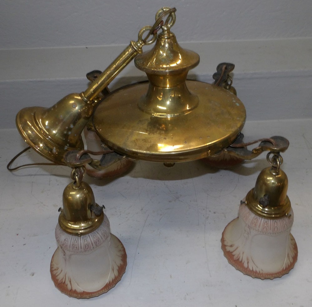 Brass & Glass Four Light Chandelier (1 of 4)