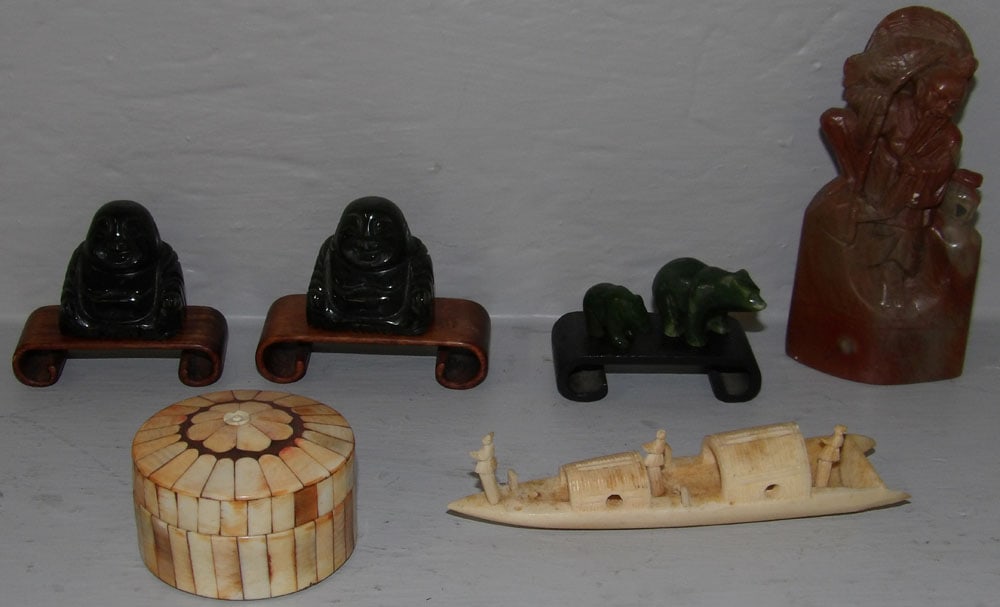 Lot of Oriental Carved Stone & Bone Items: Lot of Oriental Carved Stone & Bone Items. "ALL DESCRIPTIONS AND ANY CONDITION STATEMENT GIVEN BY LANGSTON AUCTION GALLERY ARE STRICTLY OPINIONS AND LANGSTON'S SHALL HAVE NO RESPONSIBILITY FOR ERRORS 