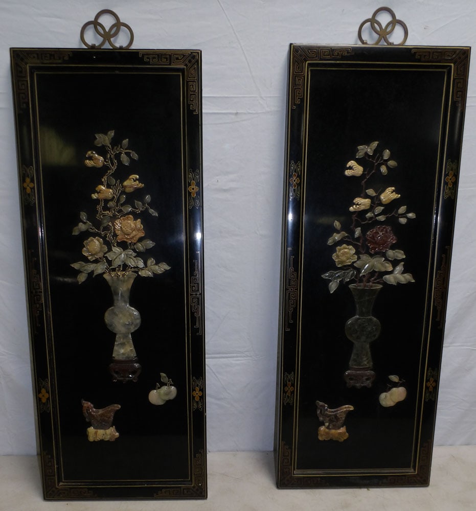 Pair of Black Lacquered Oriental Panels with Soapstone Mounts (1 of 4)