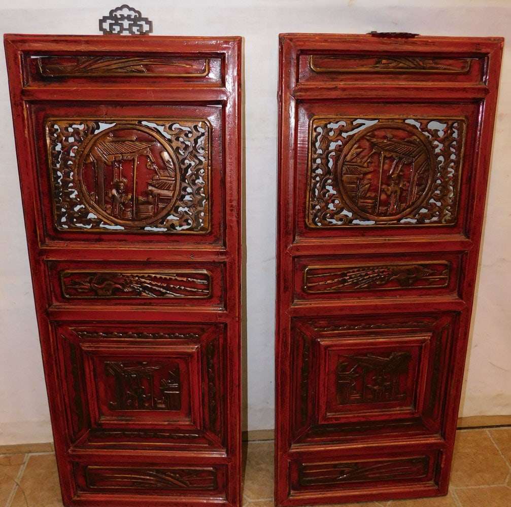Pair of Red Lacquered Oriental Wall Panels (1 of 5)