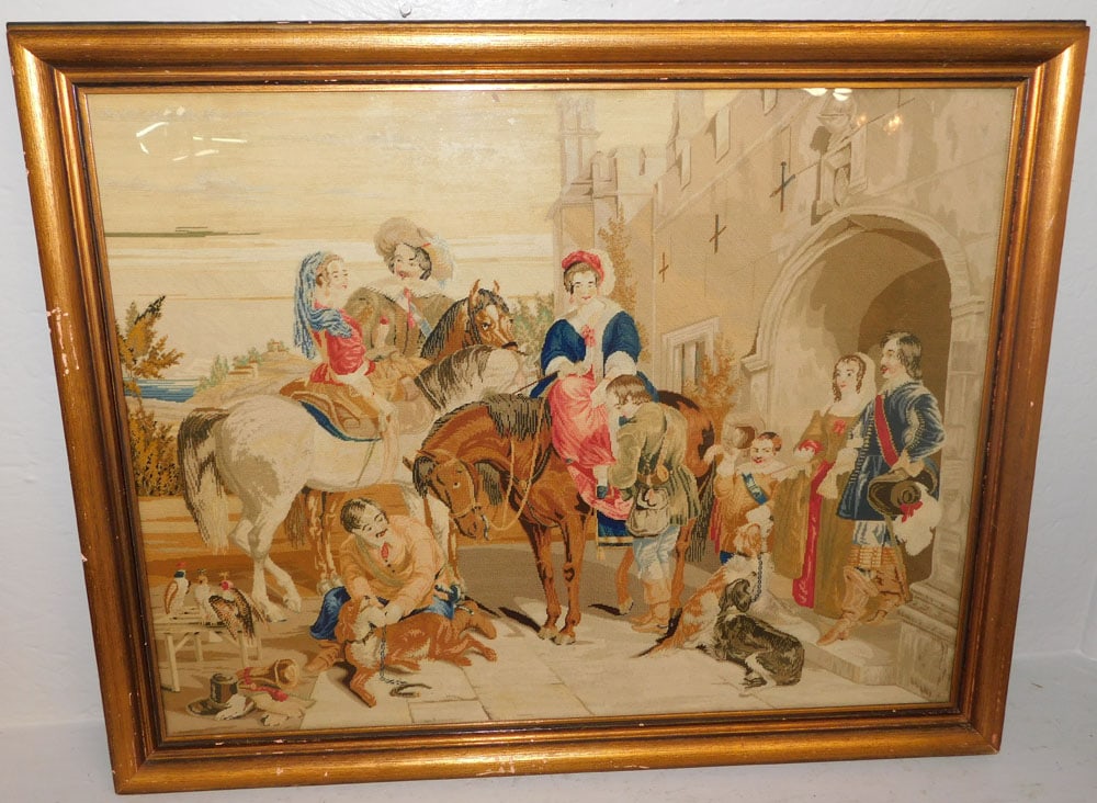 Antique Framed English Needlework, ("Haddon Hall" - "The Morning of the Chase", Dated 1879) (1 of 3)