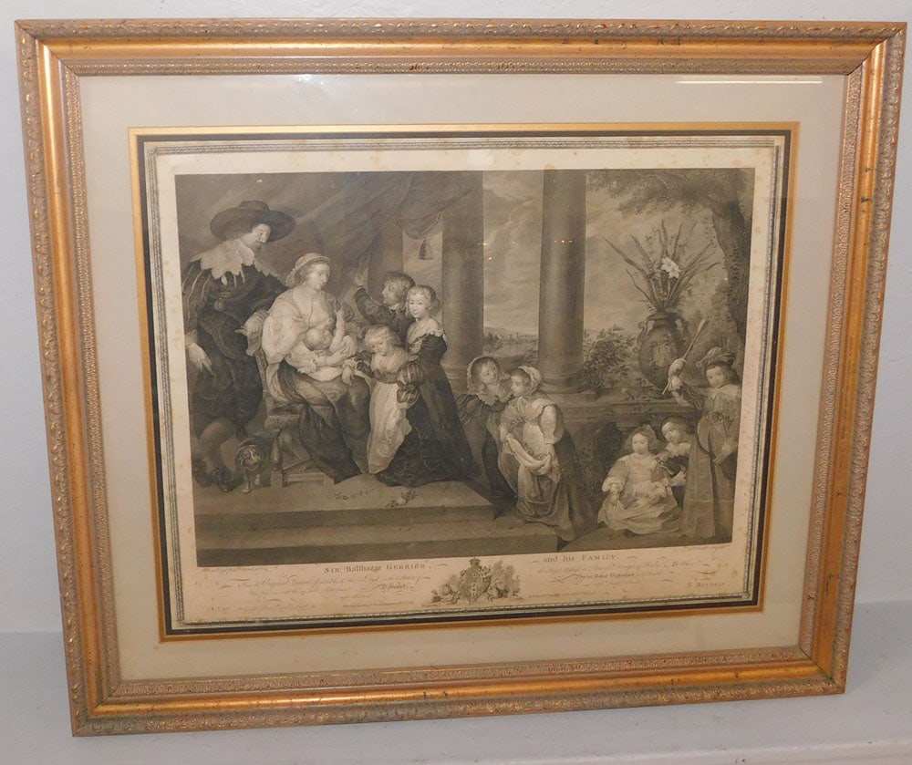 Antique Framed Black & White Engraving, (Sir Balthazar Gerbier & His Family) (1 of 3)