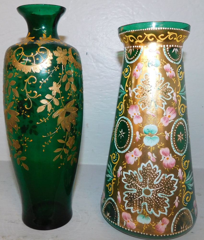 Two Emerald Green Enamel Paint Decorated Vases (1 of 3)