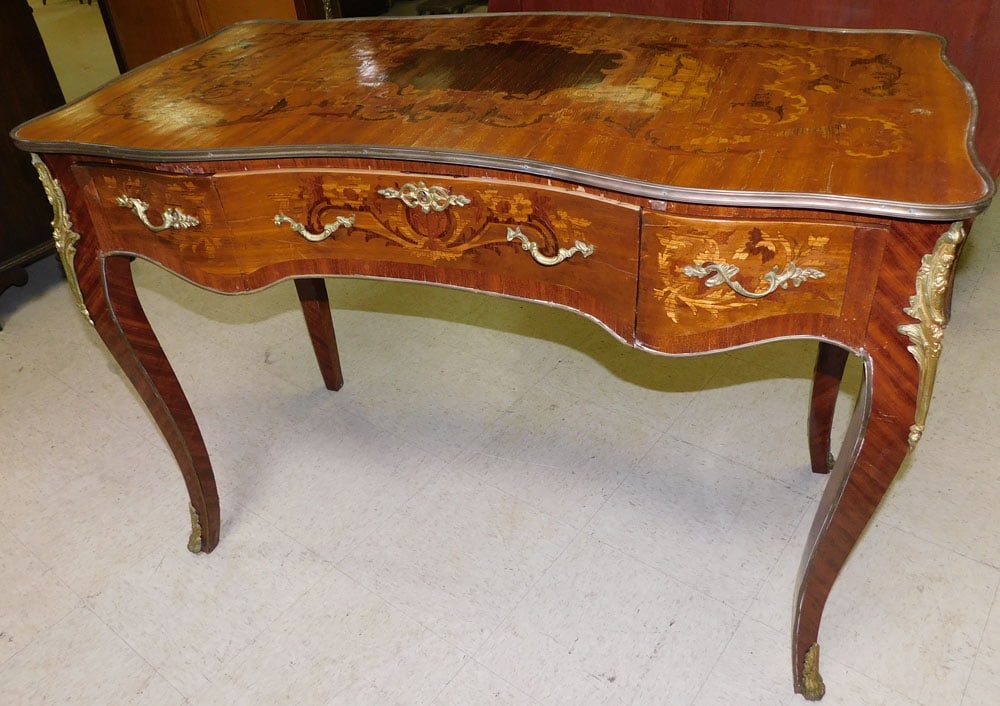 Mahogany & Rosewood Inlaid French Bronze Mounted Three Drawer Ladies Desk: Mahogany & Rosewood Inlaid French Bronze Mounted Three Drawer Ladies Desk . 43 3/4" W 24" D 31" H