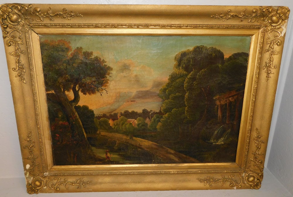 19th Century Oil on Canvas Landscape Scene, (NY Canvas Label): 19th Century Oil on Canvas Landscape Scene, (NY Canvas Label). 42 1/2" x 31 1/2"