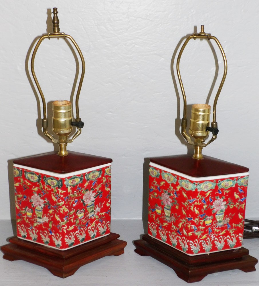 Pair of Oriental Paint Decorated Diamond Shape Box Form Lamps (1 of 5)