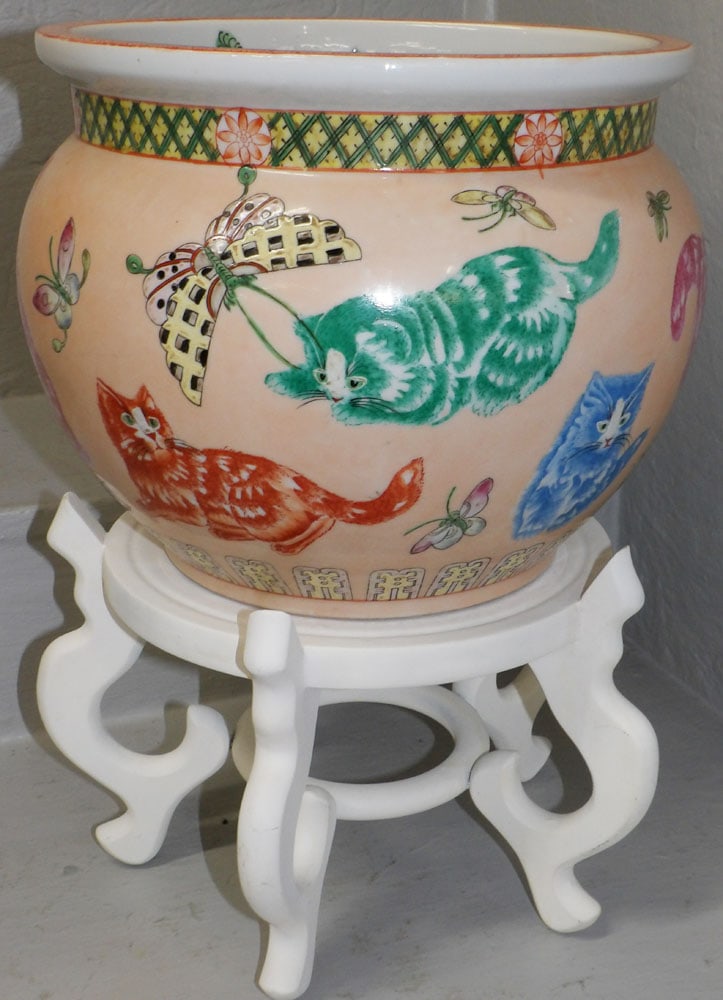 Oriental Paint Decorated Jardiniere with Cat & Butterfly Motif on Painted White Stand (1 of 6)