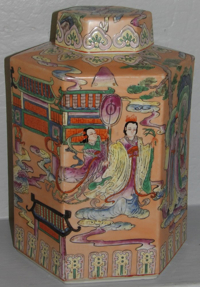 Chinese Famille Hexagon Shaped Ginger Jar: Chinese Famille Hexagon Shaped Ginger Jar . 12 1/2" H