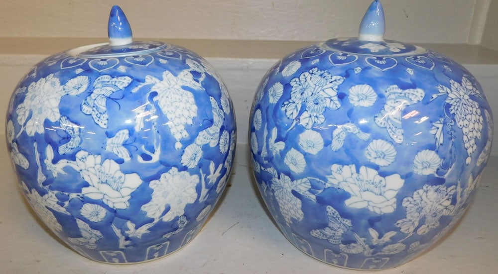Pair of Oriental Blue & White Melon Shaped Jars with Butterfly Motif Signed with Character Marks (1 of 2)