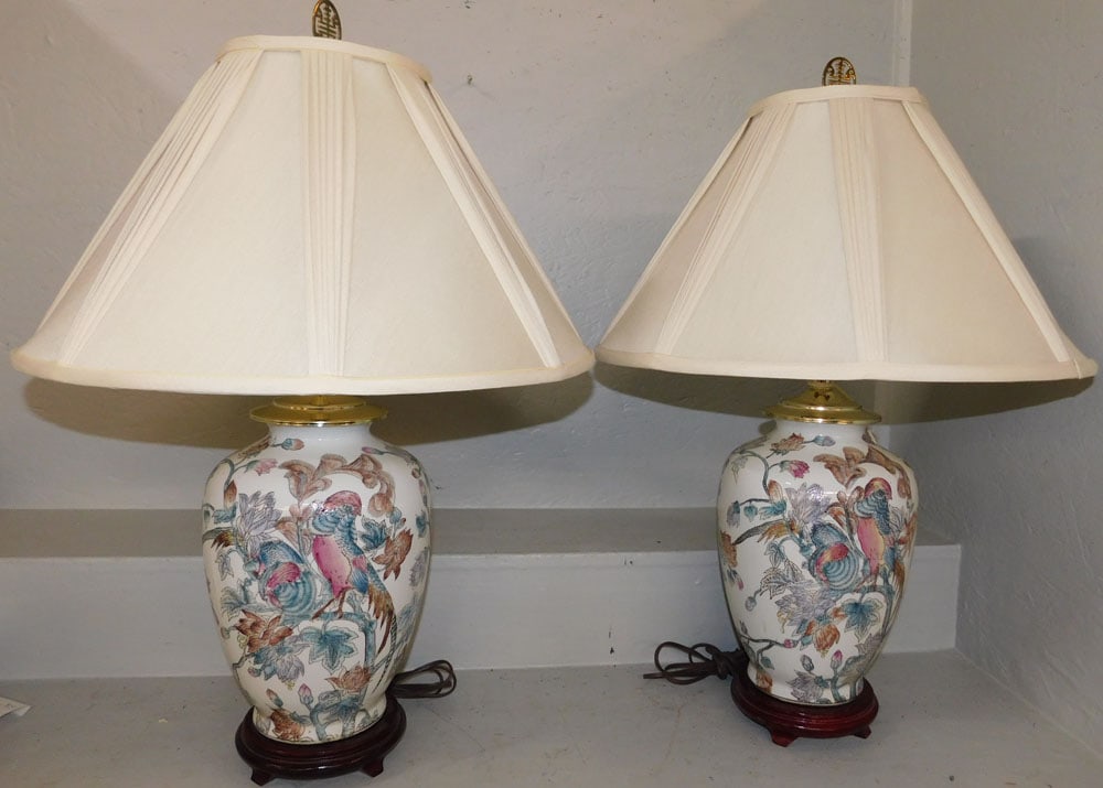 Pair of Oriental Painted Vases Made Into Lamps with Bird Motif (1 of 4)
