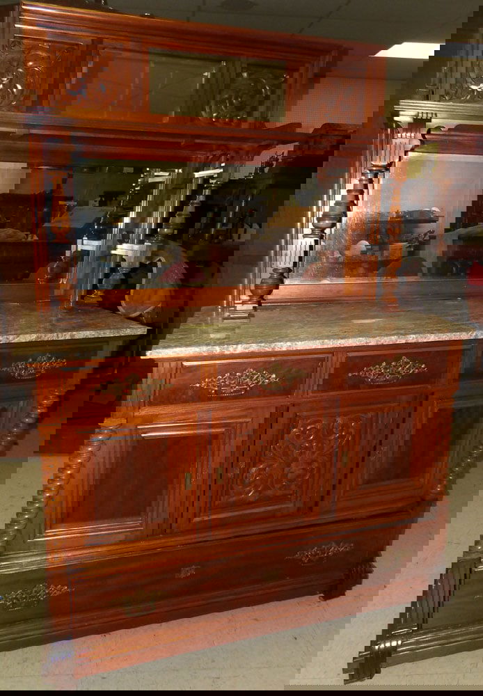 Antique Walnut Victorian Marble Top Sideboard with Bevel Edge Mirror (1 of 4)