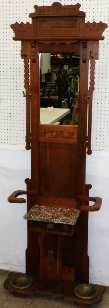 Antique Walnut Victorian Marble Top Hall Tree with Double Umbrella Base (1 of 5)