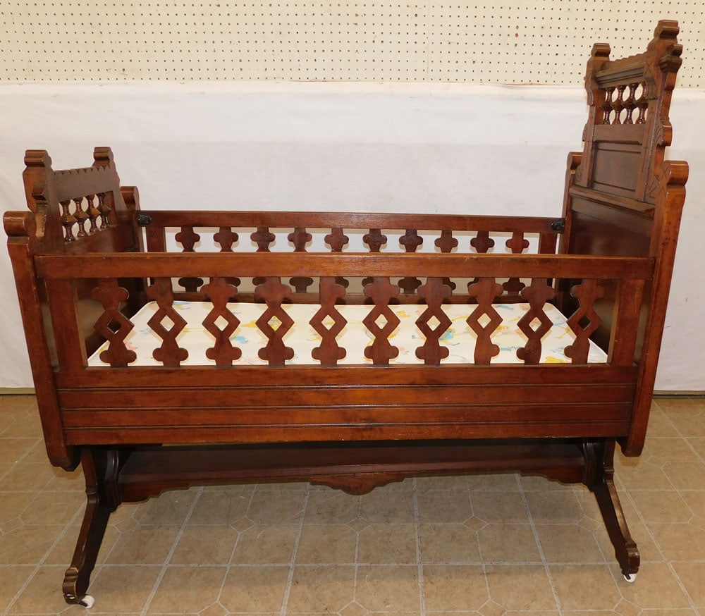 Antique High Back Walnut Victorian Baby Bed with Open Work Side Rails (1 of 4)