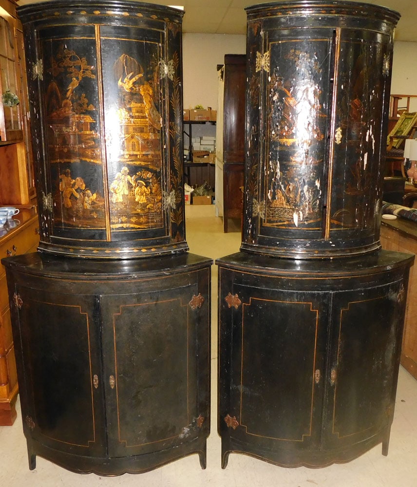 Pair of 19th Century Chinoiserie Hanging Bow Front Corner Cabinets with Later Stands (1 of 6)
